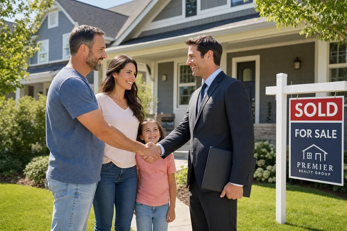 Family and agent celebrating sold home
