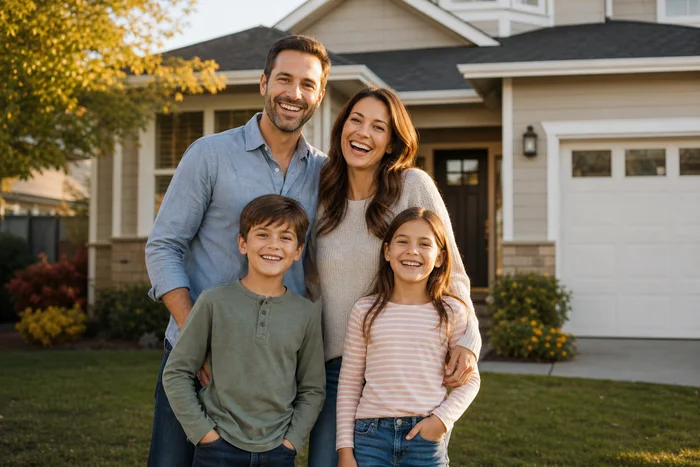Happy family outside their home